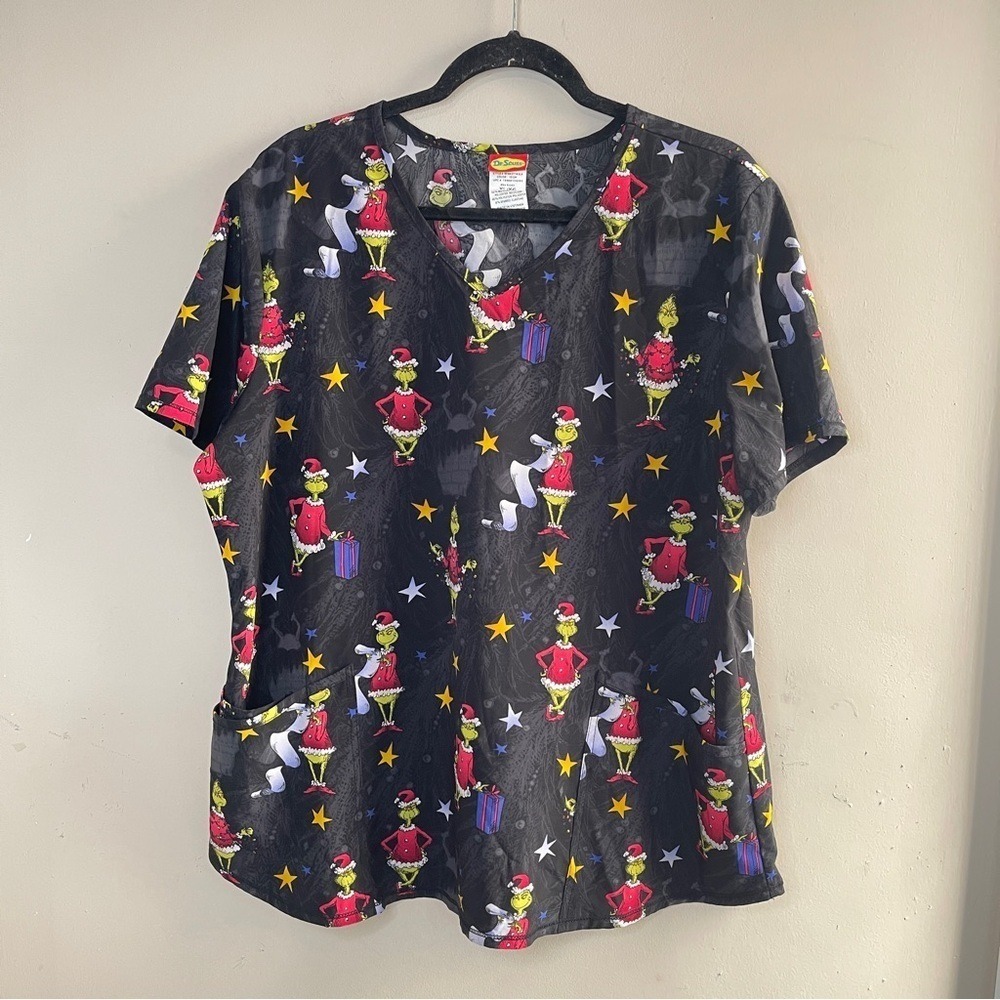 DR. SEUSS Grinch Who Stole Christmas Black Scrubs Top Medical/Dental/Vet,‎ XL